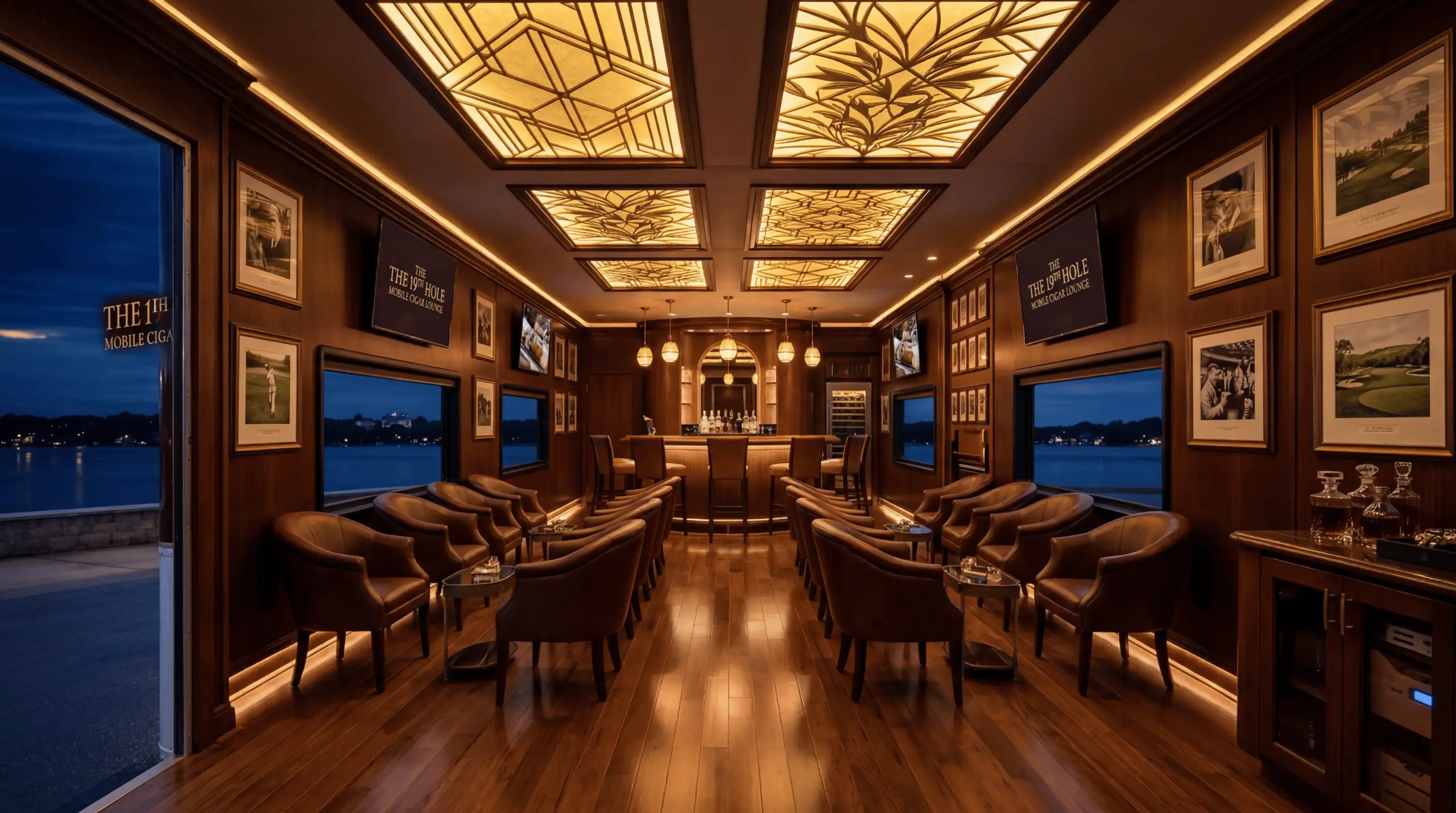 Interior view of 'The 19th Hole' mobile cigar lounge, featuring premium wood paneling, elegant art deco coffered ceiling lighting, plush leather armchair seating for private groups, and a staffed bar. The windows look out onto a serene lake view during twilight.