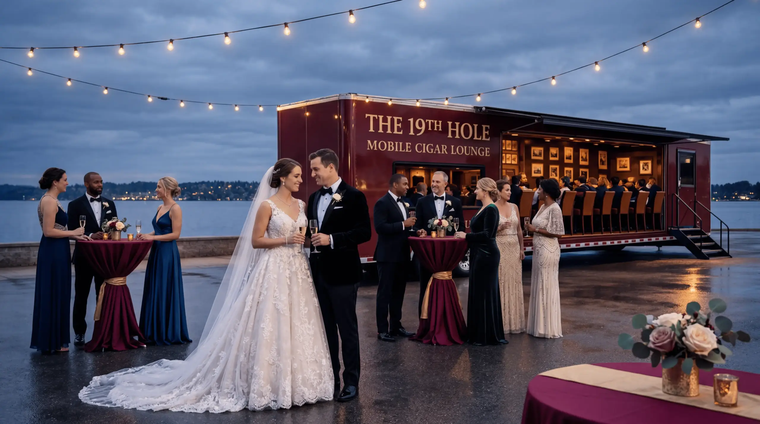 Evening wedding reception by the water, featuring a newlywed couple and guests under festive string lights. The 'The 19th Hole' mobile cigar lounge, a luxurious trailer, is set up in the background with guests seated inside. A decorated table with flowers is in the foreground. High-end wedding experience in the USA.