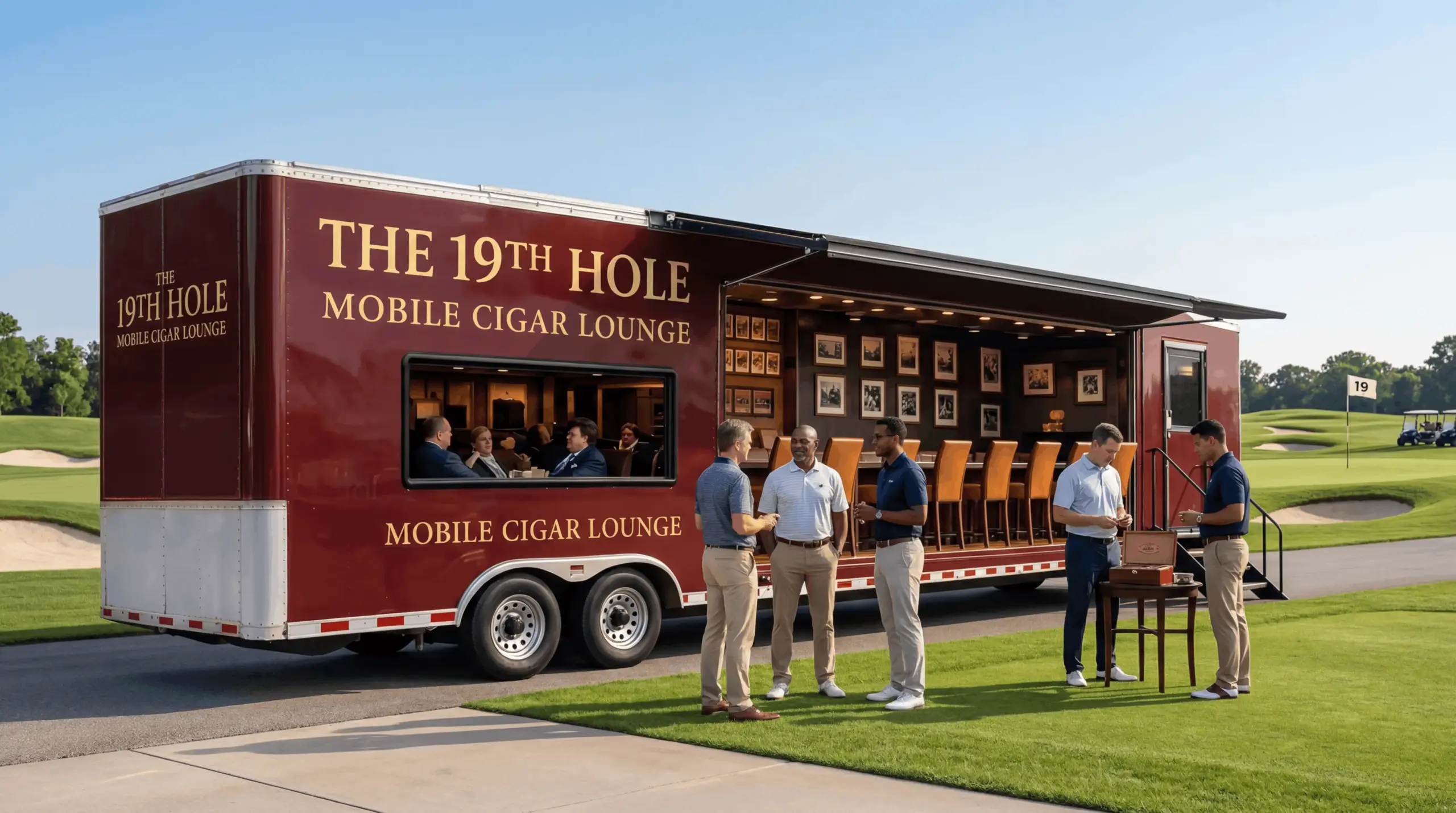 The 19th Hole mobile cigar lounge parked on a golf course with corporate guests and VIPs enjoying the hospitality. Ideal for NFL teams, collegiate sponsors, and executive retreat hospitality suites.