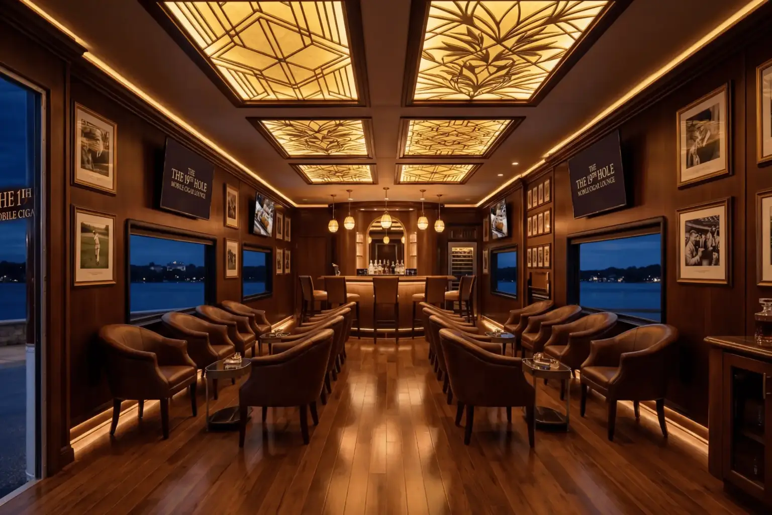 Interior view of 'The 19th Hole' mobile cigar lounge, featuring premium wood paneling, elegant art deco coffered ceiling lighting, plush leather armchair seating for private groups, and a staffed bar. The windows look out onto a serene lake view during twilight.